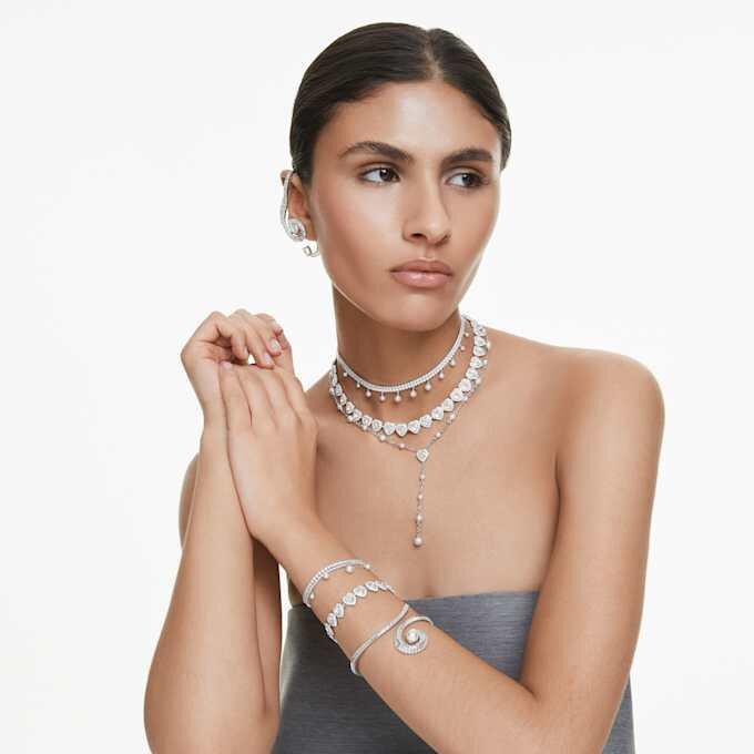 Ariana Grande X Swarovski Armreif mit Kristallperle, Baguette-Schliff, weiss, rhodiniert Ariana Grande X Swarovski Armreif mit Kristallperle, Baguette-Schliff, weiss, rhodiniert