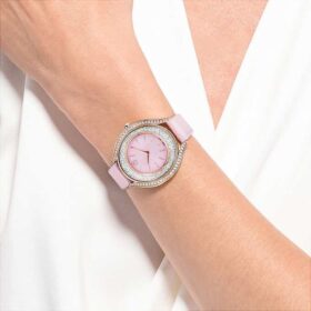 Crystalline Aura Uhr Swiss Made, Lederarmband, rosa, roségoldfarbenes Finish
