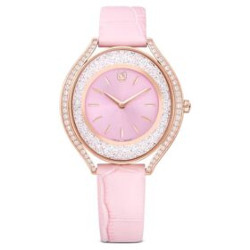 Crystalline Aura Uhr Swiss Made, Lederarmband, rosa, roségoldfarbenes Finish