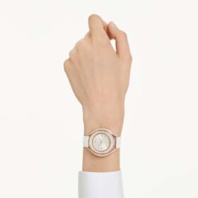 Crystalline Aura Uhr Swiss Made, Lederarmband, weiss, roségoldfarbenes Finish