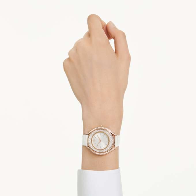 Crystalline Aura Uhr Swiss Made, Lederarmband, weiss, roségoldfarbenes Finish Crystalline Aura Uhr Swiss Made, Lederarmband, weiss, roségoldfarbenes Finish