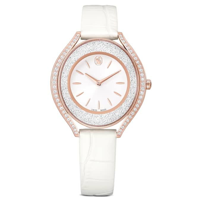 Crystalline Aura Uhr Swiss Made, Lederarmband, weiss, roségoldfarbenes Finish Crystalline Aura Uhr Swiss Made, Lederarmband, weiss, roségoldfarbenes Finish