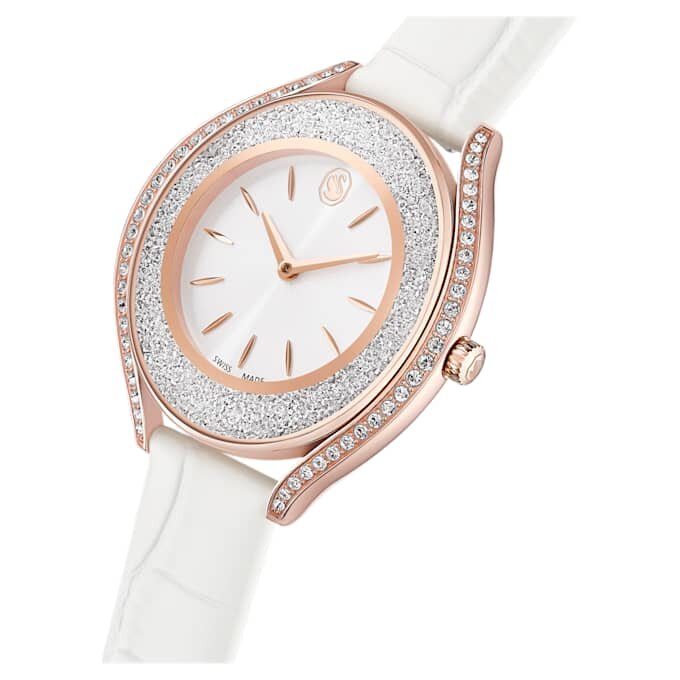 Crystalline Aura Uhr Swiss Made, Lederarmband, weiss, roségoldfarbenes Finish Crystalline Aura Uhr Swiss Made, Lederarmband, weiss, roségoldfarbenes Finish