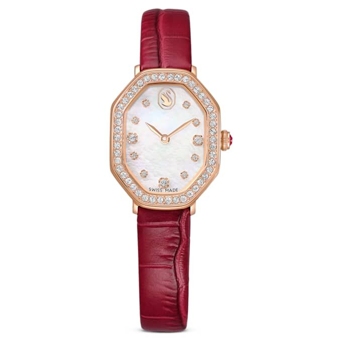 Dextera Octagon Uhr Swiss Made, Lederarmband, rot, roségoldfarben Dextera Octagon Uhr Swiss Made, Lederarmband, rot, roségoldfarben
