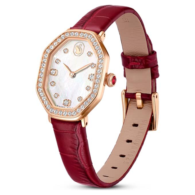 Dextera Octagon Uhr Swiss Made, Lederarmband, rot, roségoldfarben Dextera Octagon Uhr Swiss Made, Lederarmband, rot, roségoldfarben