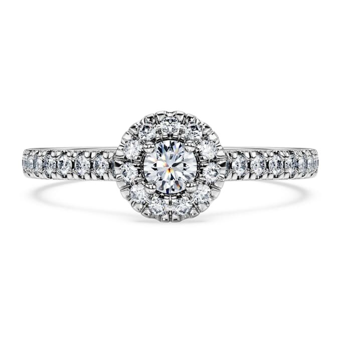 Eternity-Halo-Solitärring mit im Labor gezüchteten Diamanten, 0.45 Karat insgesamt, runde Form, Sterlingsilber Eternity-Halo-Solitärring mit im Labor gezüchteten Diamanten, 0.45 Karat insgesamt, runde Form, Sterlingsilber