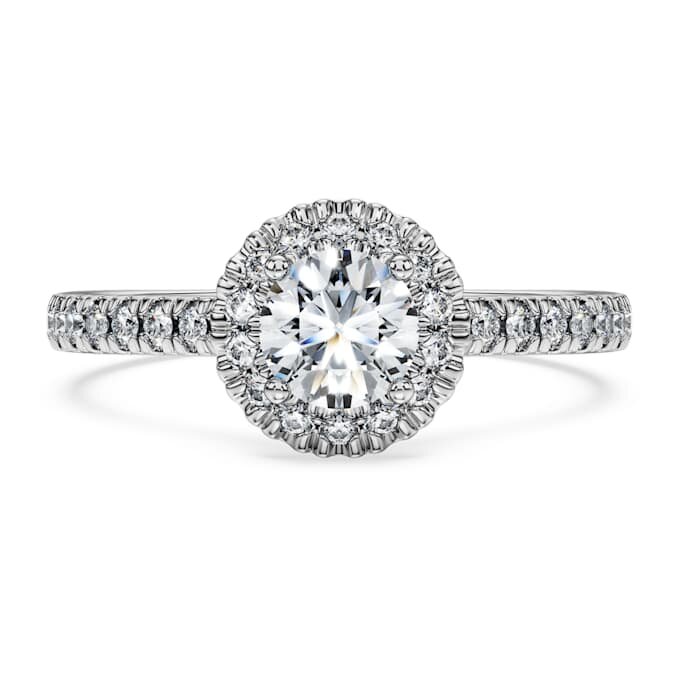 Eternity-Halo-Solitärring mit im Labor gezüchteten Diamanten, 0.8 Ct Tw, runde Form, 14K Weissgold Eternity-Halo-Solitärring mit im Labor gezüchteten Diamanten, 0.8 Ct Tw, runde Form, 14K Weissgold