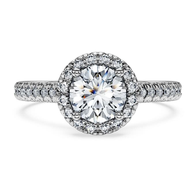 Eternity-Halo-Solitärring mit im Labor gezüchteten Diamanten, 1.33 Ct Tw, runde Form, 14K Weissgold Eternity-Halo-Solitärring mit im Labor gezüchteten Diamanten, 1.33 Ct Tw, runde Form, 14K Weissgold