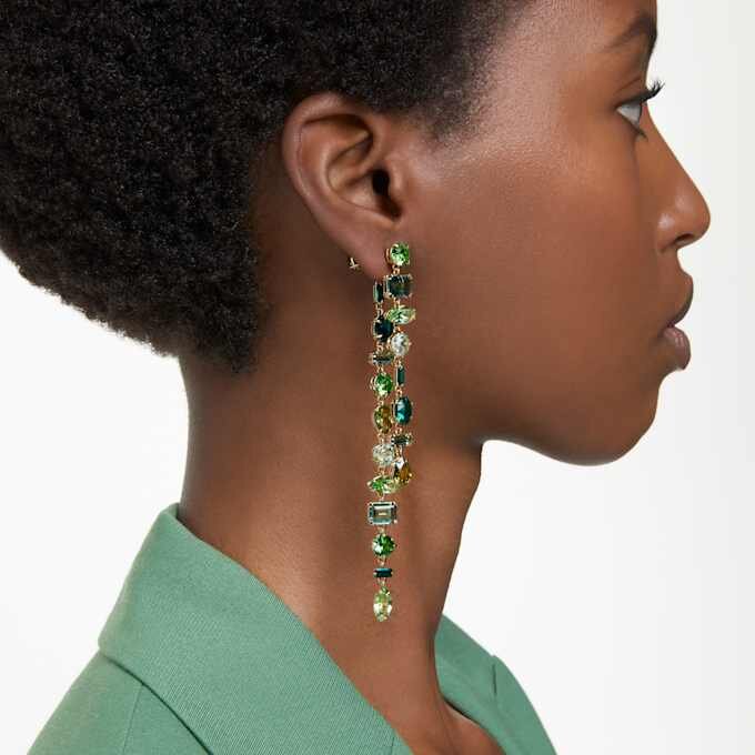 Gema-Ohrringe im asymmetrischen Design, gemischte Schliffe, extra lang, grün, vergoldet Gema-Ohrringe im asymmetrischen Design, gemischte Schliffe, extra lang, grün, vergoldet