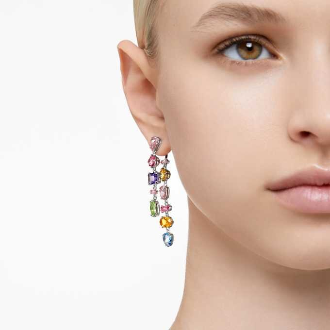 Gema-Ohrringe im asymmetrischen Design, gemischte Schliffe, lang, mehrfarbig, rhodiniert Gema-Ohrringe im asymmetrischen Design, gemischte Schliffe, lang, mehrfarbig, rhodiniert