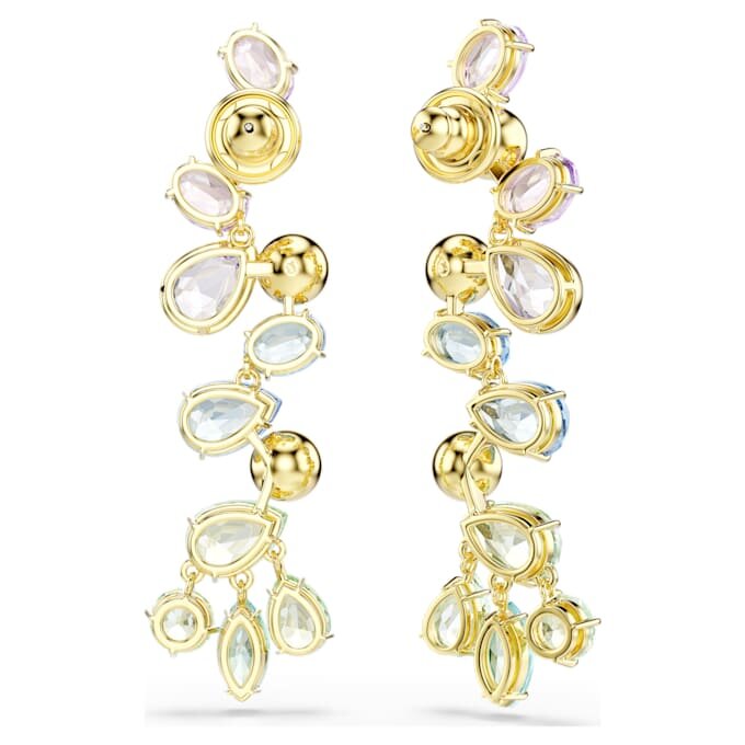 Gema-Tropf-Ohrringe mit gemischten Schliffen, Kronleuchter-Stil, lang, mehrfarbig, goldfarben plattiert Gema-Tropf-Ohrringe mit gemischten Schliffen, Kronleuchter-Stil, lang, mehrfarbig, goldfarben plattiert