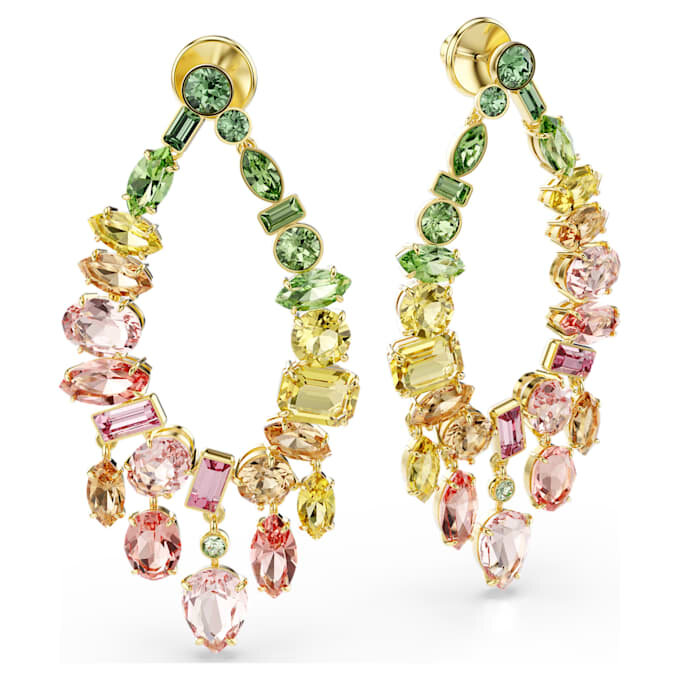 Gema-Tropf-Ohrringe mit gemischten Schliffen, Kronleuchter-Stil, mehrfarbig, goldfarben plattiert Gema-Tropf-Ohrringe mit gemischten Schliffen, Kronleuchter-Stil, mehrfarbig, goldfarben plattiert