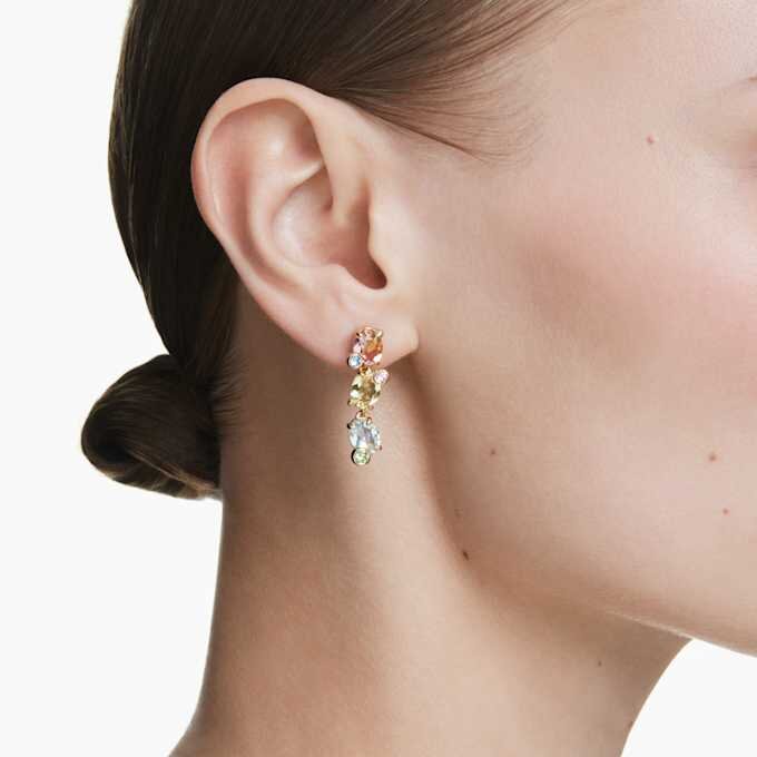 Gema-Tropfenohrringe – asymmetrisches Design, gemischte Schliffe, mehrfarbig, goldfarben plattiert Gema-Tropfenohrringe – asymmetrisches Design, gemischte Schliffe, mehrfarbig, goldfarben plattiert