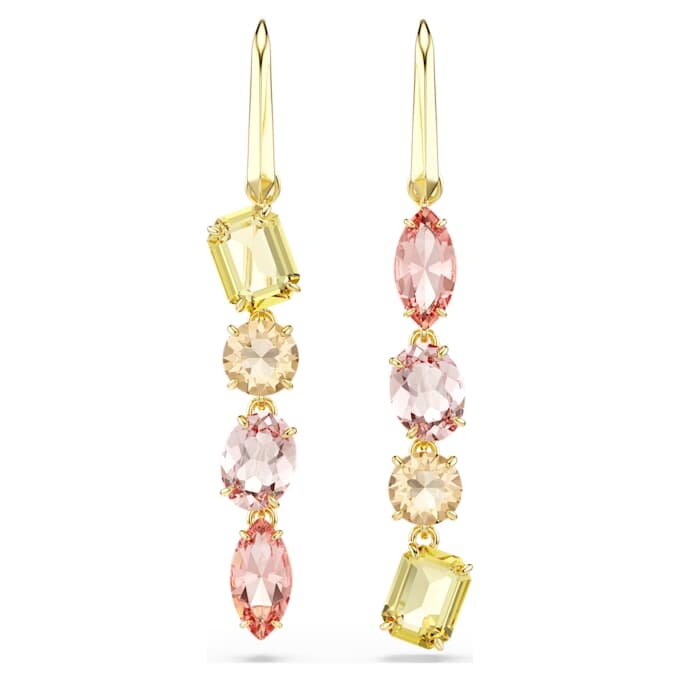 Gema-Tropfenohrringe, asymmetrisches Design, gemischte Schliffe, rosa, goldfarben plattiert Gema-Tropfenohrringe, asymmetrisches Design, gemischte Schliffe, rosa, goldfarben plattiert