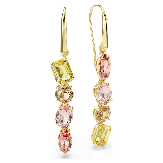 Gema-Tropfenohrringe, asymmetrisches Design, gemischte Schliffe, rosa, goldfarben plattiert Gema-Tropfenohrringe, asymmetrisches Design, gemischte Schliffe, rosa, goldfarben plattiert