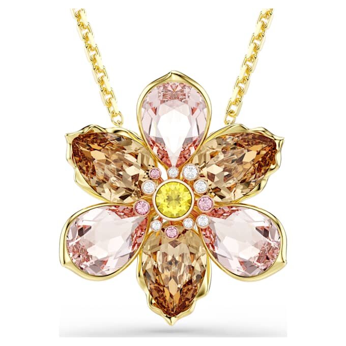 Idyllia-Anhänger und Brosche mit gemischten Schliffen, Blume, mehrfarbig, goldfarben plattiert Idyllia-Anhänger und Brosche mit gemischten Schliffen, Blume, mehrfarbig, goldfarben plattiert