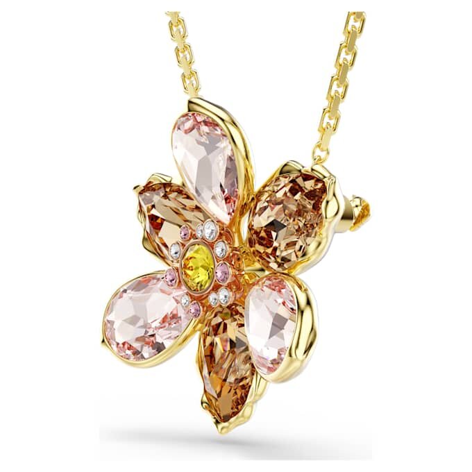 Idyllia-Anhänger und Brosche mit gemischten Schliffen, Blume, mehrfarbig, goldfarben plattiert Idyllia-Anhänger und Brosche mit gemischten Schliffen, Blume, mehrfarbig, goldfarben plattiert