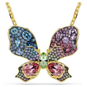 Idyllia-Anhänger und Brosche mit gemischten Schliffen, Pavé, Schmetterling, mehrfarbig, goldfarben plattiert
