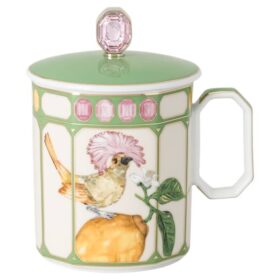 Idyllia-Becher aus Porzellan, Kristall-Print-Motiv, Fliegenschnäpper, grün