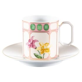 Idyllia-Kaffeetasse mit Untertasse aus Porzellan, Kristall-Print-Motiv, Blumen, mehrfarbig