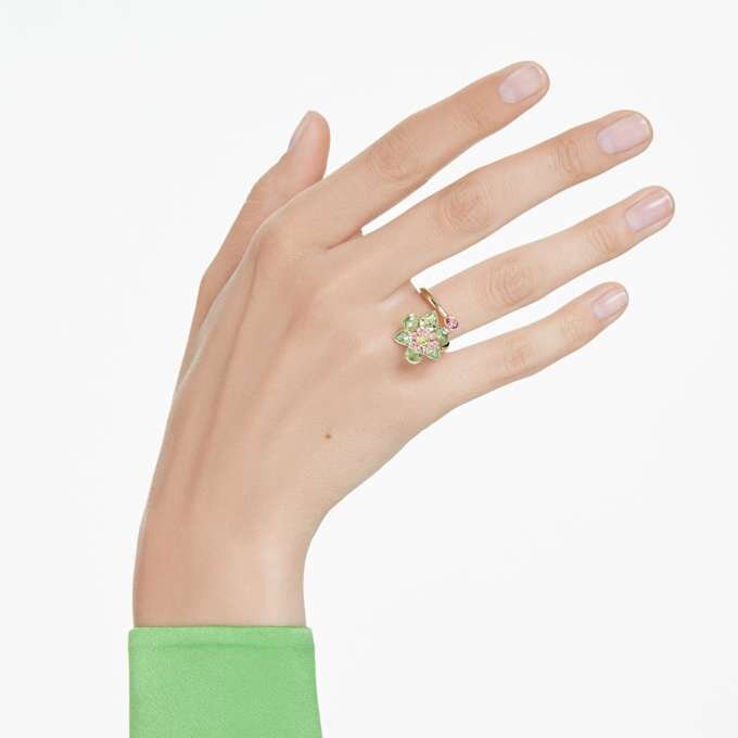 Idyllia Offener Ring mit gemischten Schliffen, Blume, grün, goldfarben plattiert Idyllia Offener Ring mit gemischten Schliffen, Blume, grün, goldfarben plattiert