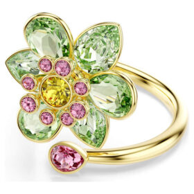 Idyllia Offener Ring mit gemischten Schliffen, Blume, grün, goldfarben plattiert