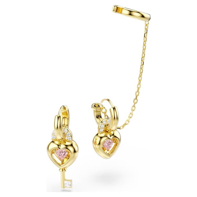 Idyllia-Ohrringe mit Ear Cuff, gemischte Schliffe, Herz mit Schlüssel, rosa, goldfarben plattiert Idyllia-Ohrringe mit Ear Cuff, gemischte Schliffe, Herz mit Schlüssel, rosa, goldfarben plattiert