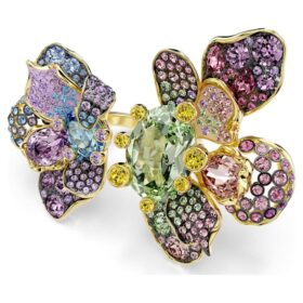 Idyllia-Ring mit gemischten Schliffen, Pavé, Blume, mehrfarbig, goldfarben plattiert