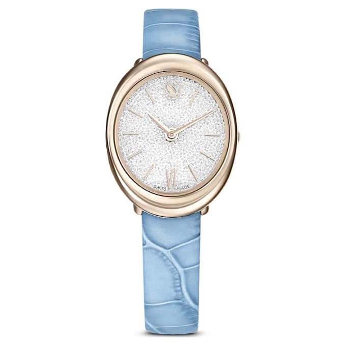 Imber Oval Uhr Swiss Made, Lederarmband, Blau, champagnerfarbene Goldoptik Imber Oval Uhr Swiss Made, Lederarmband, Blau, champagnerfarbene Goldoptik