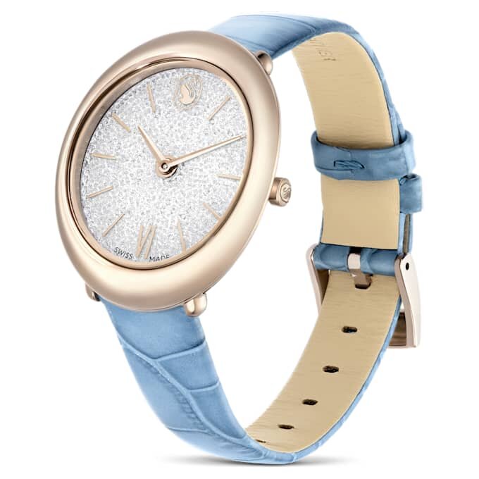 Imber Oval Uhr Swiss Made, Lederarmband, Blau, champagnerfarbene Goldoptik Imber Oval Uhr Swiss Made, Lederarmband, Blau, champagnerfarbene Goldoptik