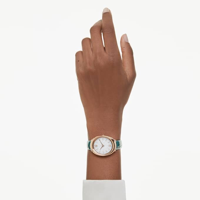 Imber Oval Uhr Swiss Made, Lederarmband, grün, roségoldfarben Imber Oval Uhr Swiss Made, Lederarmband, grün, roségoldfarben