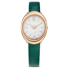Imber Oval Uhr Swiss Made, Lederarmband, grün, roségoldfarben