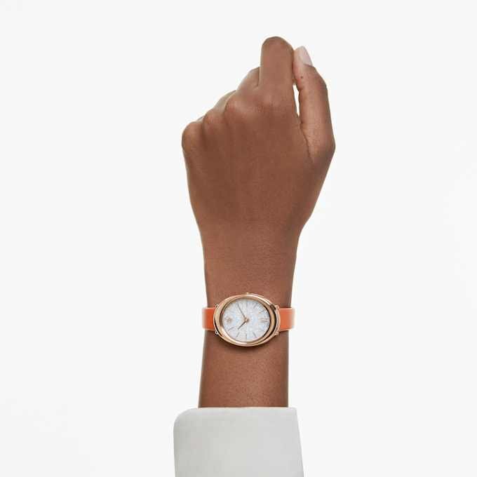 Imber Oval Uhr Swiss Made, Lederarmband, orange, roségoldfarben Imber Oval Uhr Swiss Made, Lederarmband, orange, roségoldfarben