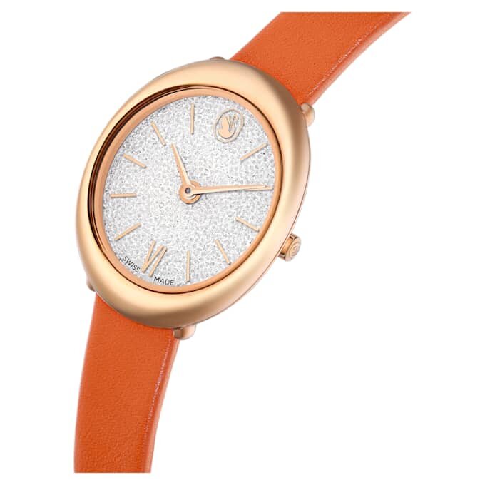Imber Oval Uhr Swiss Made, Lederarmband, orange, roségoldfarben Imber Oval Uhr Swiss Made, Lederarmband, orange, roségoldfarben