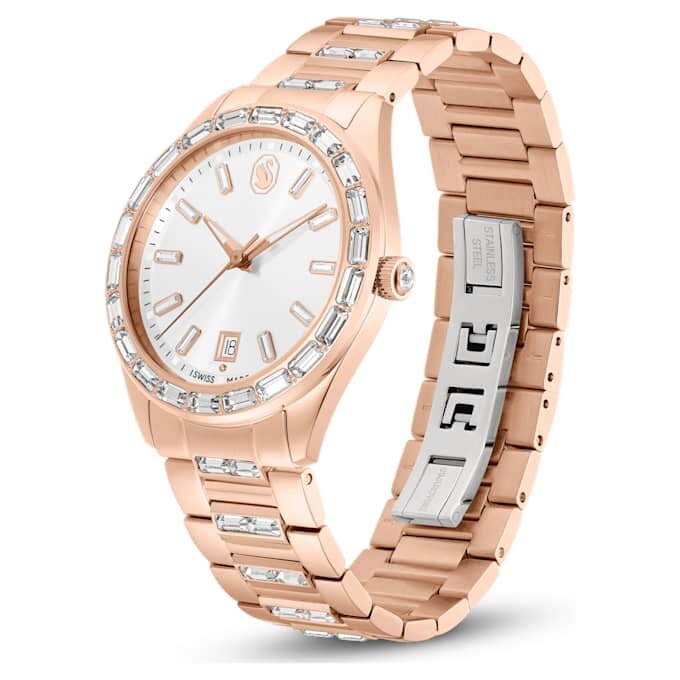 Matrix-Datumsuhr Swiss Made, Metallarmband, roségoldfarben, roségoldfarbene Oberfläche Matrix-Datumsuhr Swiss Made, Metallarmband, roségoldfarben, roségoldfarbene Oberfläche