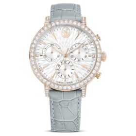Matrix Tennis Chrono Uhr Swiss Made, Lederarmband, grau, champagnerfarbene Gold-PVD-Beschichtung