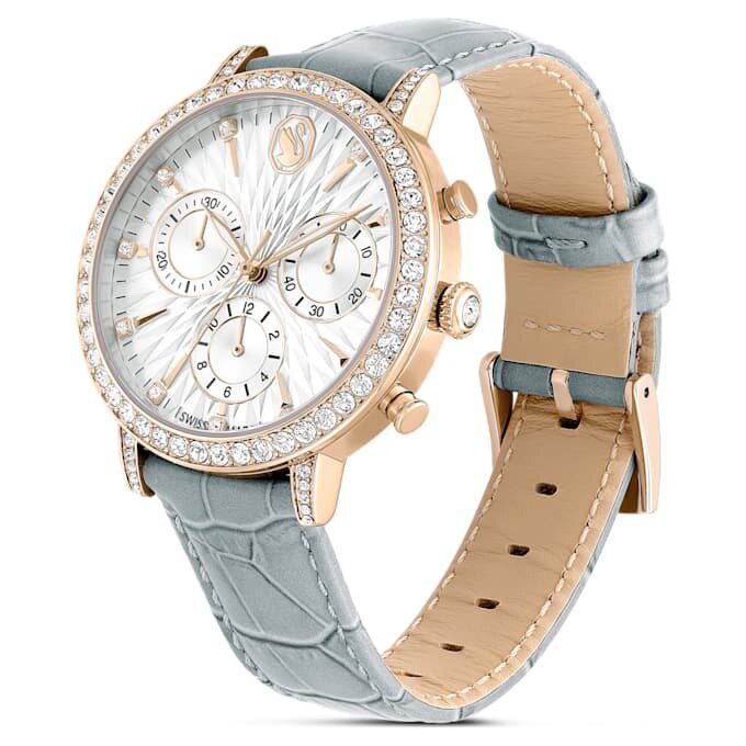 Matrix Tennis Chrono Uhr Swiss Made, Lederarmband, grau, champagnerfarbene Gold-PVD-Beschichtung Matrix Tennis Chrono Uhr Swiss Made, Lederarmband, grau, champagnerfarbene Gold-PVD-Beschichtung