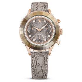 Octea Chrono Uhr Swiss Made, Lederarmband, grau, roségoldfarben