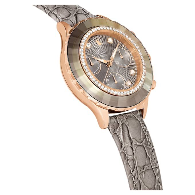 Octea Chrono Uhr Swiss Made, Lederarmband, grau, roségoldfarben Octea Chrono Uhr Swiss Made, Lederarmband, grau, roségoldfarben