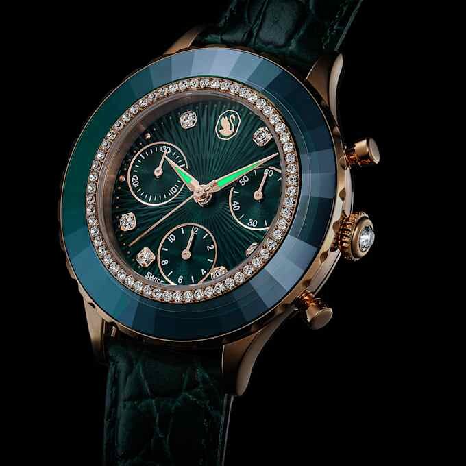 Octea Chrono Uhr Swiss Made, Lederarmband, grün, roségoldfarbenes Finish Octea Chrono Uhr Swiss Made, Lederarmband, grün, roségoldfarbenes Finish