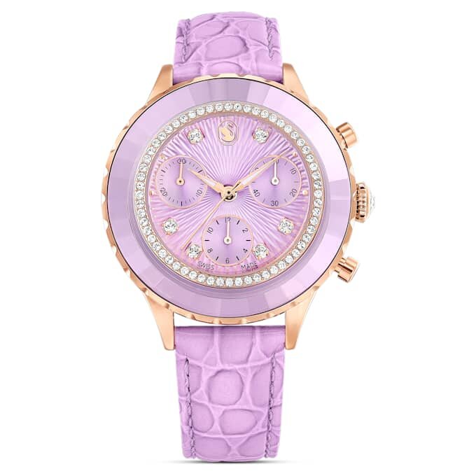 Octea Chrono Uhr Swiss Made, Lederarmband, Lila, roségoldfarbenes Finish Octea Chrono Uhr Swiss Made, Lederarmband, Lila, roségoldfarbenes Finish