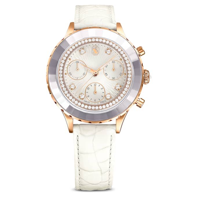 Octea Chrono Uhr Swiss Made, Lederarmband, weiss, roségoldfarben Octea Chrono Uhr Swiss Made, Lederarmband, weiss, roségoldfarben
