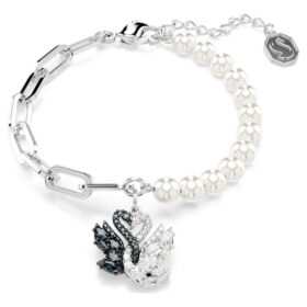 Schwan-Armband mit Kristallperlen, Schwan, schwarz, gemischte Metalloberfläche