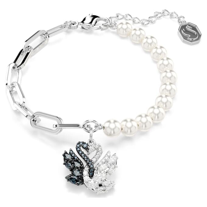Schwan-Armband mit Kristallperlen, Schwan, schwarz, gemischte Metalloberfläche Schwan-Armband mit Kristallperlen, Schwan, schwarz, gemischte Metalloberfläche
