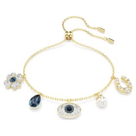 Symbolica-Armband mit Kristallperle, Kleeblatt, bösem Blick und Hufeisen, blau, vergoldet