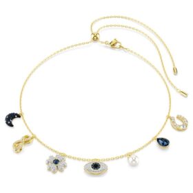 Symbolica-Halskette mit Kristallperle, Mond, Infinity-Symbol, Kleeblatt, bösem Auge und Hufeisen, blau, goldfarben plattiert Symbolica-Halskette mit Kristallperle, Mond, Infinity-Symbol, Kleeblatt, bösem Auge und Hufeisen, blau, goldfarben plattiert