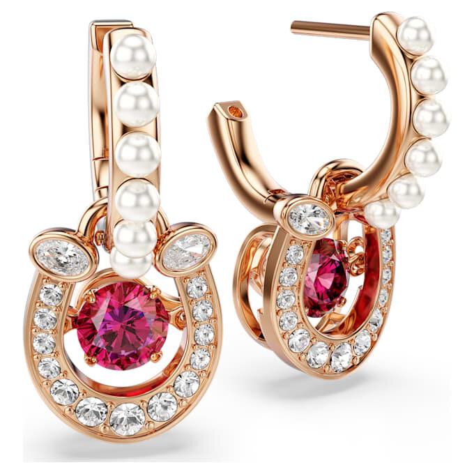 Symbolica-Ohrringe mit Kristallperle, Rundschliff, Pavé, Hufeisen, rot, roségoldfarben plattiert Symbolica-Ohrringe mit Kristallperle, Rundschliff, Pavé, Hufeisen, rot, roségoldfarben plattiert